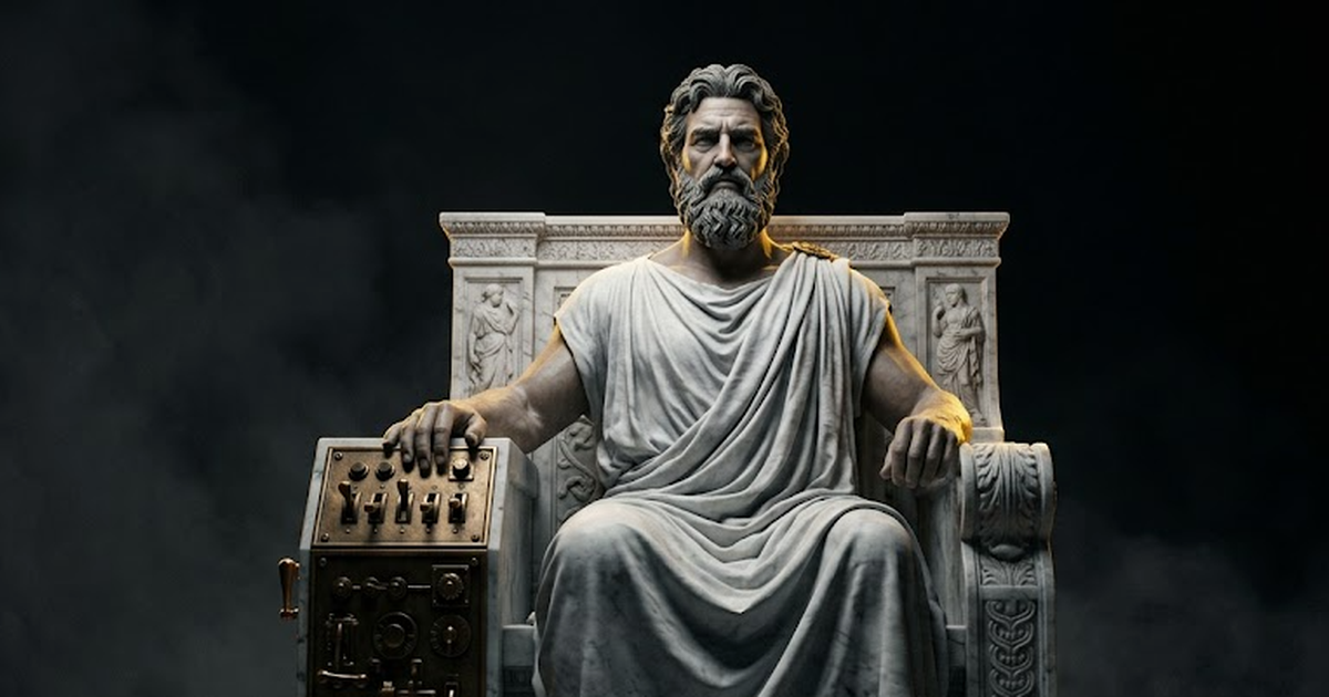 Zeus seated and sovereign on a marble throne, one hand resting on a carved control panel of switches, hard gold rim light, the rest of the hall swallowed by void black negative space