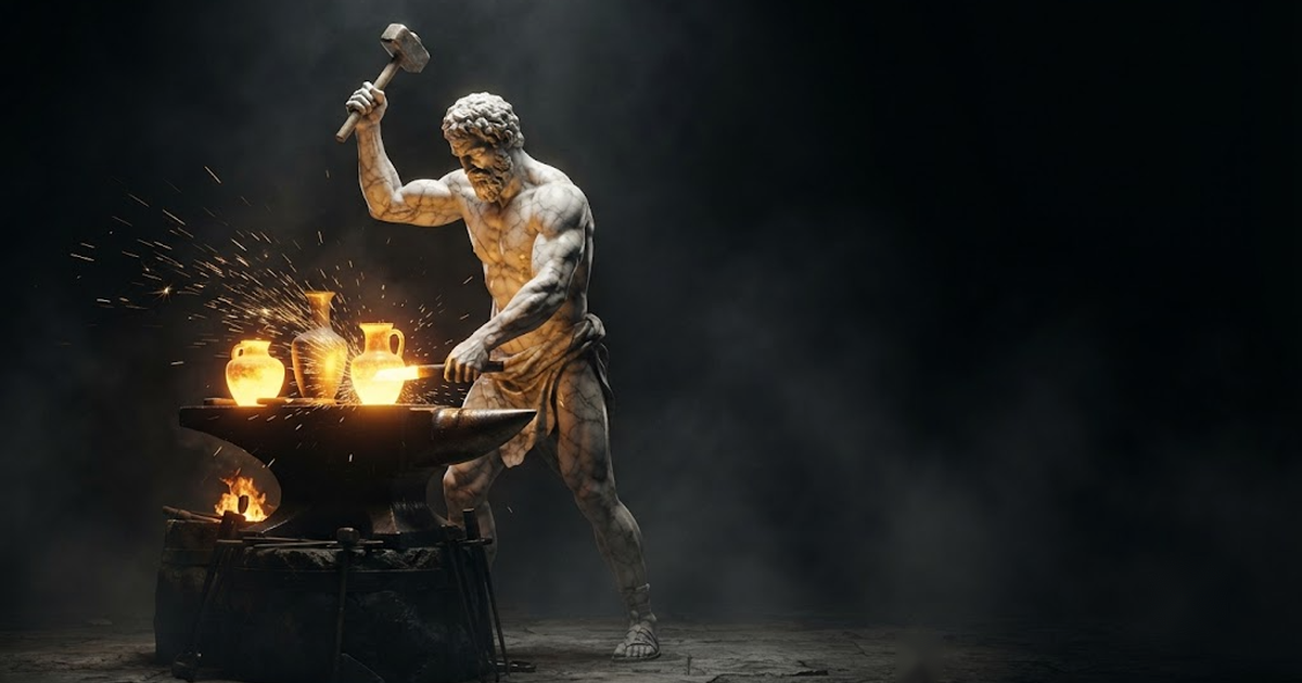 A colossal marble Hephaestus forging separate sealed vessels at a golden anvil in darkness