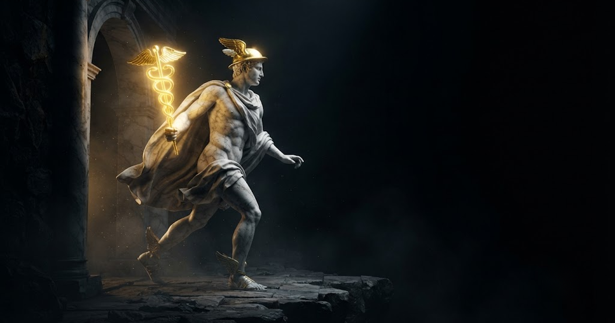 A colossal marble Hermes holding a sealed caduceus staff between two divided realms in darkness