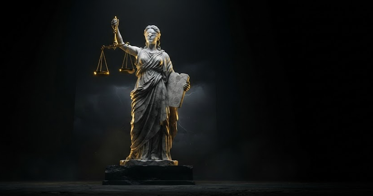 A colossal marble Themis holding aloft a balanced scale and a sealed tablet in darkness