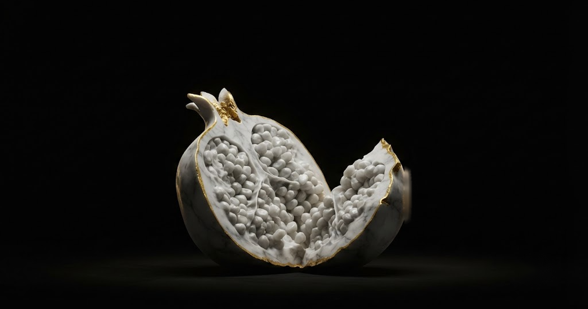 Classical marble scene, Persephone, gold rim light on void black