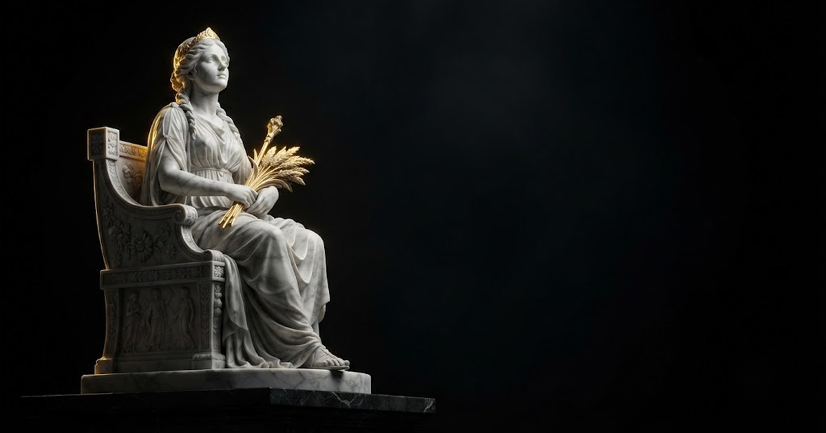 Classical marble scene, Persephone, gold rim light on void black