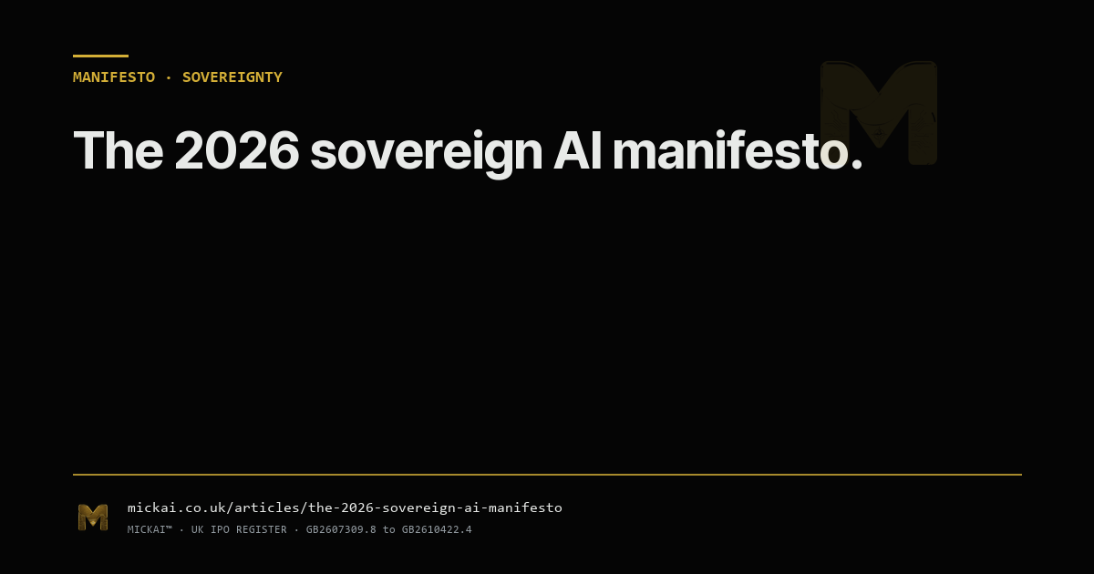 The 2026 Sovereign AI Manifesto, lead essay of the Sovereign Futures series, in the Mickai Olympian visual language