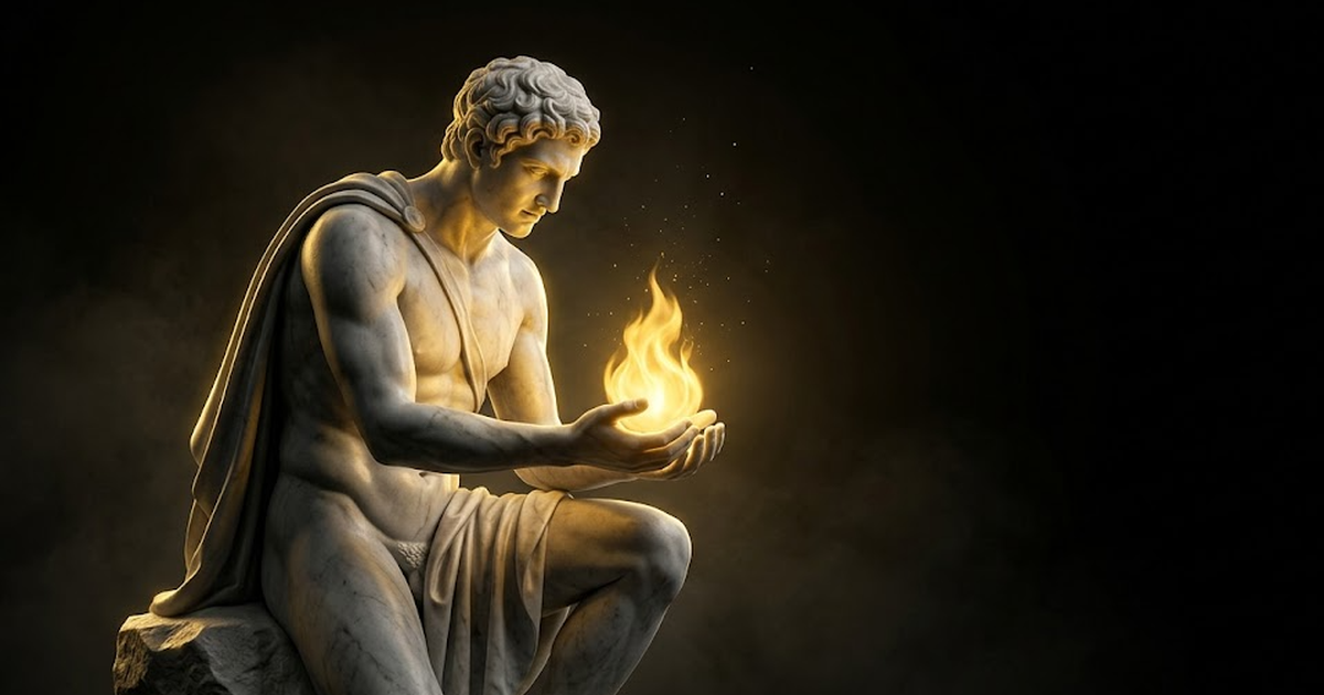 A marble figure of Prometheus cupping a single flame in carved hands, the fire rendered in satin gold against deep void black, symbolising the power and danger of handing an agent the means to act.
