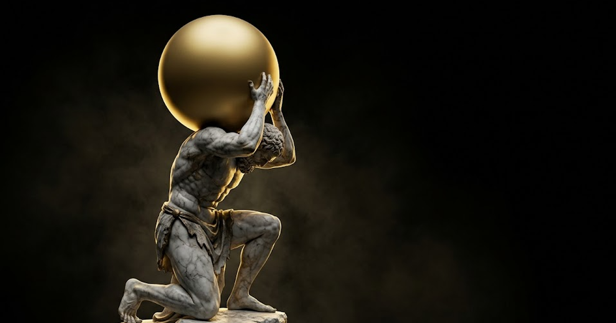 A towering marble Atlas bearing a smooth gold sphere on his shoulders, the weight rendered as carved tension in the stone, lit by hard gold rim light against black, representing the burden of economic responsibility held by the substrate beneath the agent.