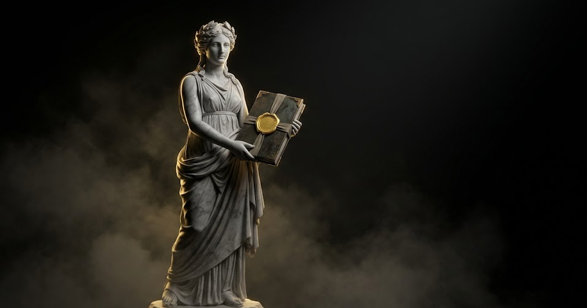 Mnemosyne, goddess of memory, carved in white marble holding a sealed tablet, gold light catching the seal, set against volumetric haze and deep black negative space, representing an immutable signed record of every decision.