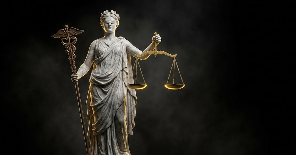 Themis, goddess of justice, carved in marble holding level scales of gold, one pan stopped firm against the other, lit by hard gold rim light in deep void black, representing an enforced boundary that the agent cannot tip in its own favour.