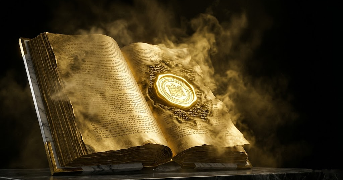 Themis stands in void black, blindfold lifted from her eyes, her bronze scales catching a single shaft of satin gold light as fragments of pale log text drift and dissolve around her feet.