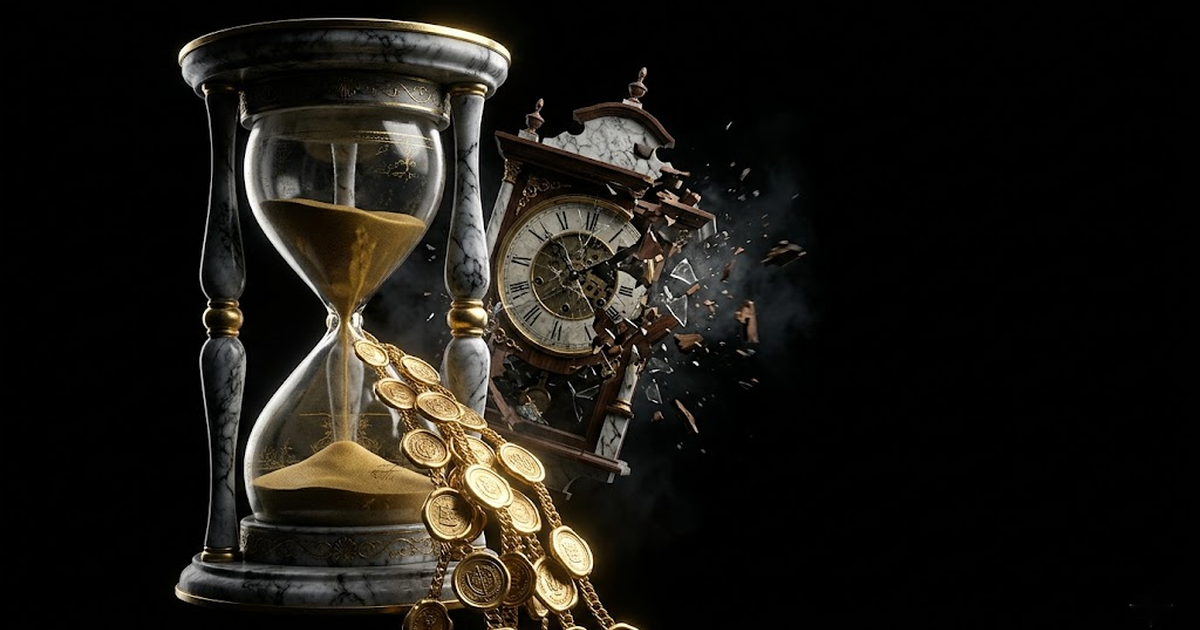 Themis's bronze scales hold a single glowing sealed tablet etched with fine gold circuitry, perfectly balanced and intact, while on the opposite pan a heap of broken log fragments crumbles into the void black dark.