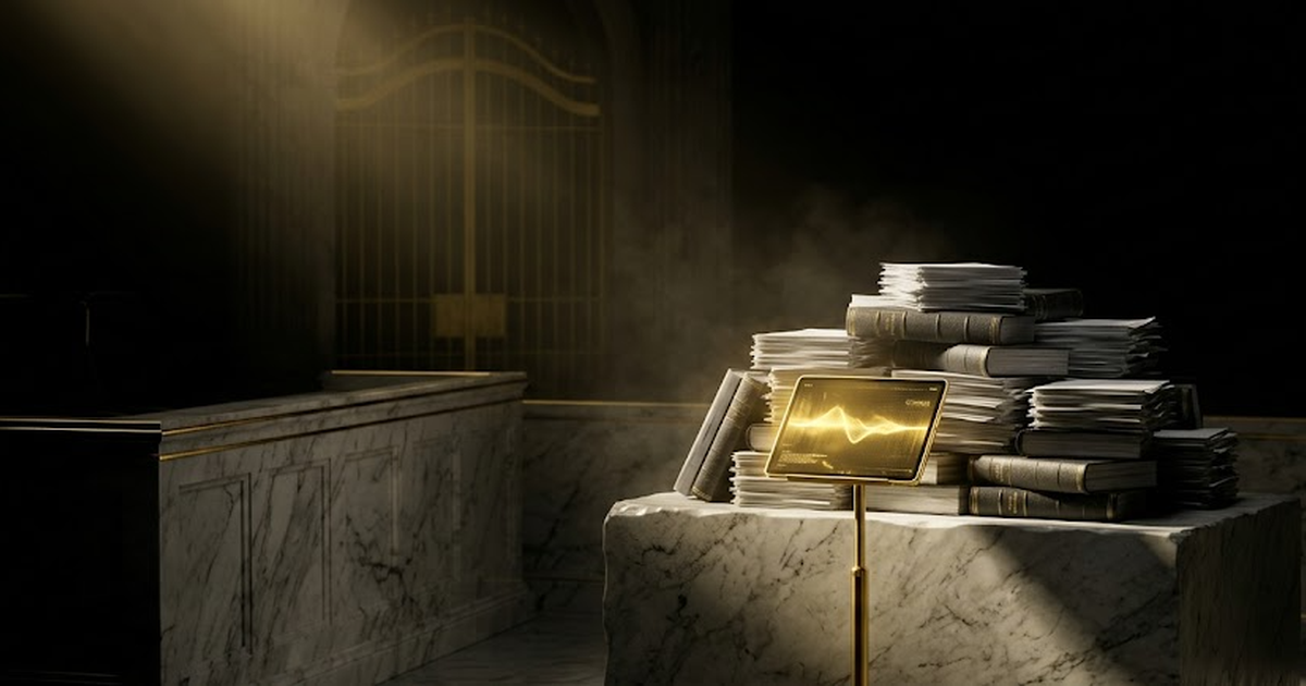 A close cinematic view of Themis's hand pressing a glowing satin gold sealed tablet onto the scale pan, lightning forking across the void black sky behind her, the last grey log fragments scattering into darkness.