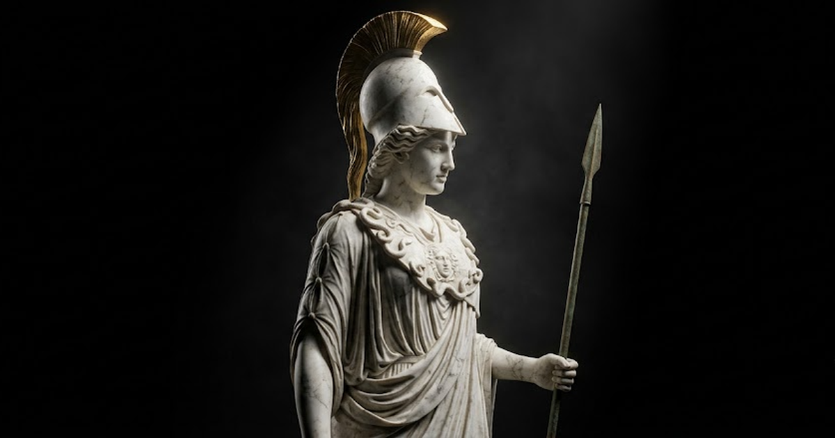 A carved white marble statue of Athena in full helm and aegis, standing in three-quarter profile, satin gold #D4AF37 highlights catching the helm crest, set against a pure void black #050505 backgroun