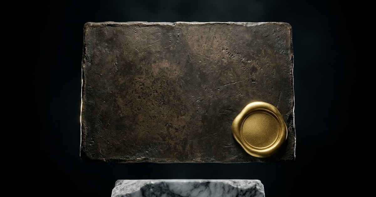 A single sealed bronze tablet with a heavy satin gold wax seal pressed into its lower corner, suspended in pure void black #050505, the aged bronze surface scored with the patina of age, gold seal cat
