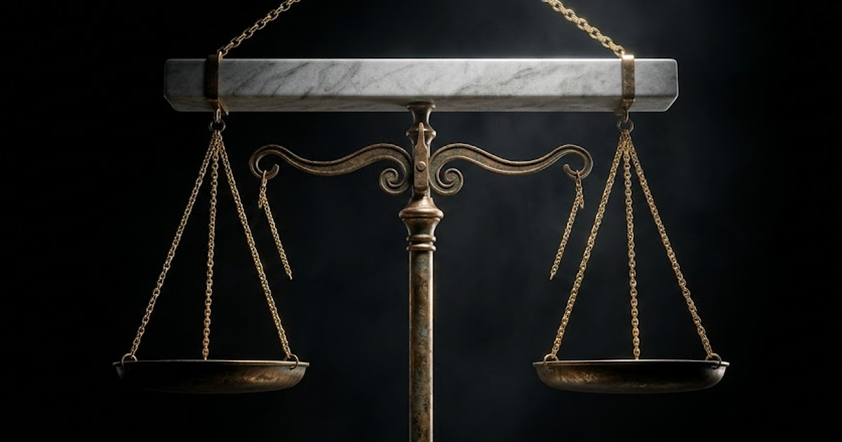 A pair of perfectly balanced aged bronze scales hanging from a marble crossbeam, satin gold #D4AF37 chains glinting, set against a pure void black #050505 void, the marble white-to-grey with subtle ve