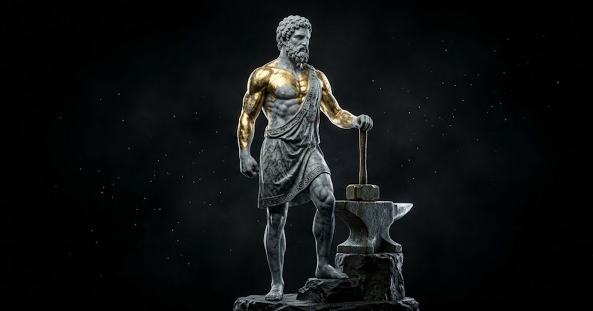A gilded marble statue of Hephaestus beside a cold forge anvil, a hammer of aged bronze in hand, satin gold #D4AF37 leaf across the muscled shoulders, set against pure void black #050505, the marble c