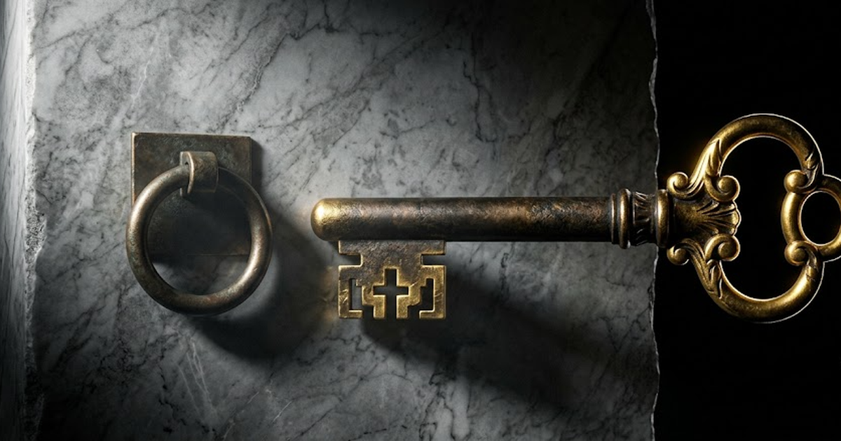 A massive aged bronze key lying across a closed marble vault door, satin gold #D4AF37 bow and bit catching the light, deep void black #050505 surrounding, the vault face of polished grey marble with a