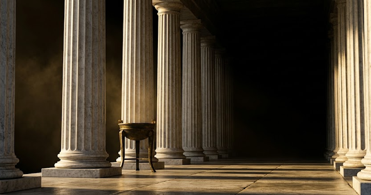 A marble colonnade of fluted Doric columns receding into pure void black #050505, satin gold #D4AF37 light raking across the white-to-grey stone, an aged bronze tripod brazier standing between two col