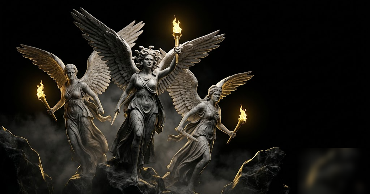 The Erinyes, winged marble Furies rising from shadow with gold torches, void black background