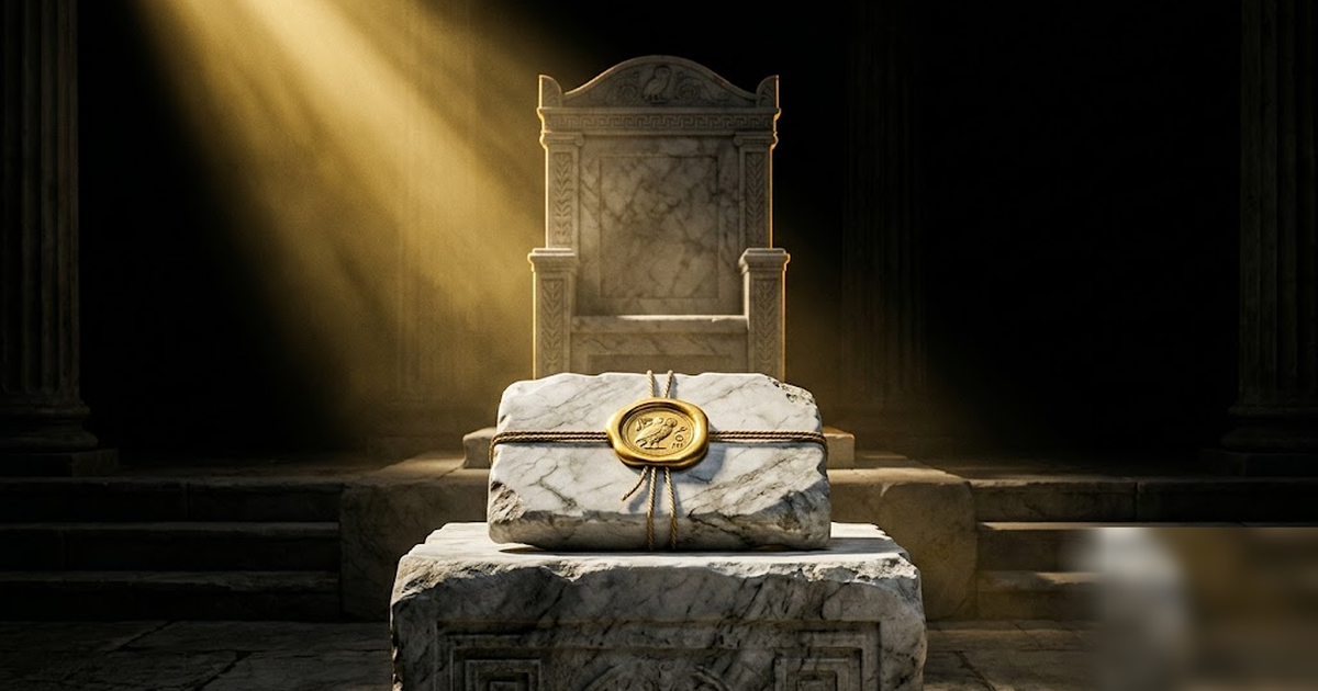 A sealed marble evidence tablet on a tribunal plinth under a shaft of gold light before an empty seat