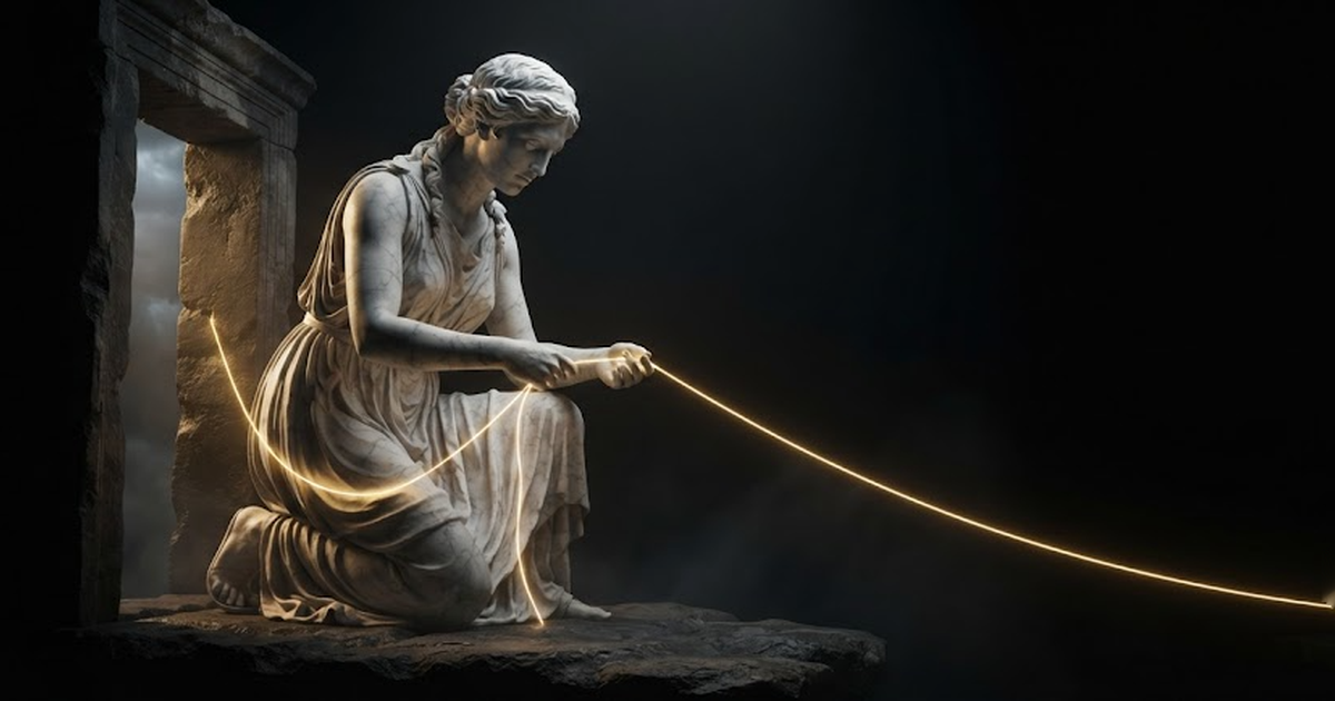 Ariadne kneeling to knot the loose end of her thread around a doorway stone before she pays the rest out into the dark, in a void of pure black, satin gold light running the whole length of the taut stone thread,...
