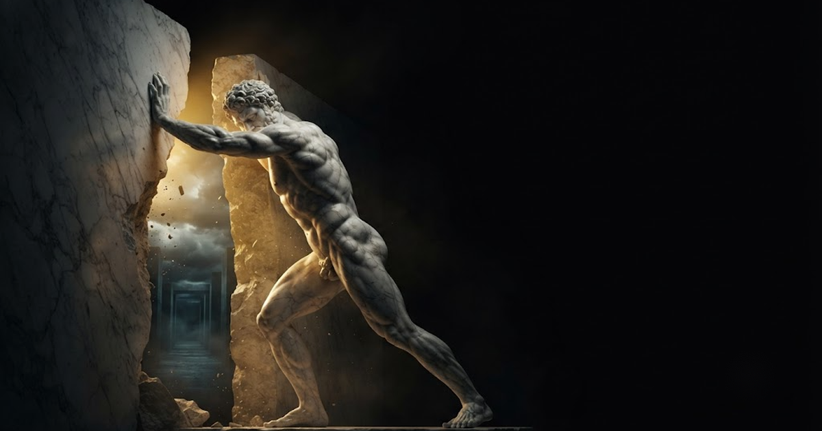 Theseus setting his shoulder against a vast labyrinth wall and forcing the slab aside to open one corridor into the next, in a void of pure black, satin gold light breaking through the widening gap onto his straining...