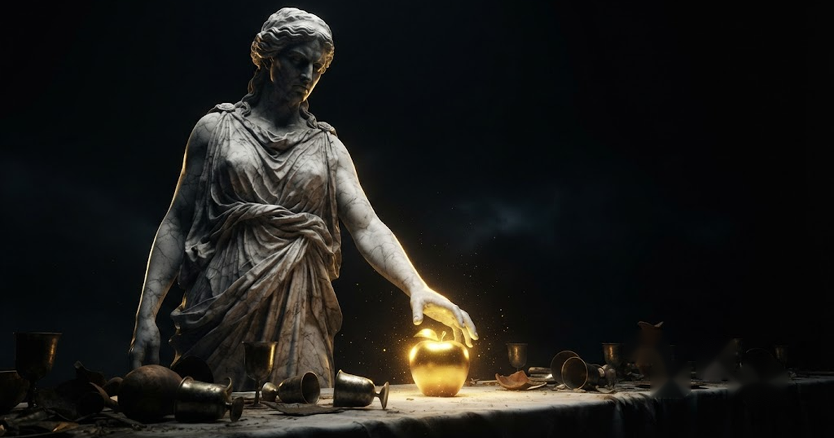 Eris standing alone at a long abandoned banquet table, setting one heavy apple down among the toppled cups, in a void of pure black, satin gold light burning off the apple and her steady outstretched hand, unwelcome...