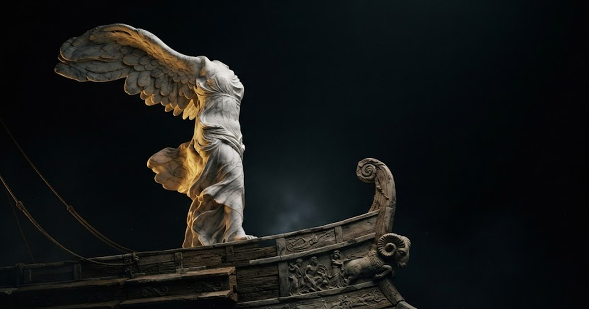 Nike alighting on the prow of a stone warship, vast wings still spread wide, her feet taking the deck as her own, in a void of pure black, satin gold light raking along every carved feather and the streaming prow,...