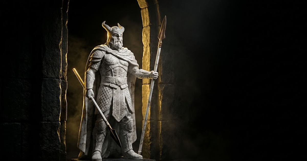 A marble statue of Heimdall the watchman standing sentinel at a threshold, lit by hard gold rim light against void black