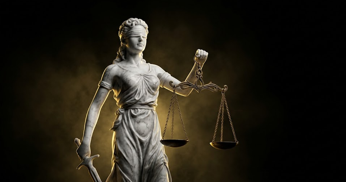 Themis holding scales carved in white marble, gold light catching the balance, deep negative space around her