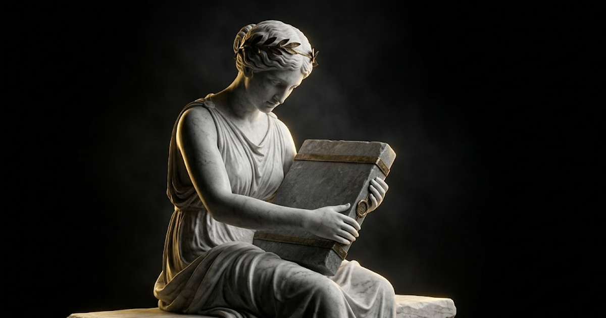 Mnemosyne, goddess of memory, carved in marble cradling a sealed tablet, gold rim light along the edge against black