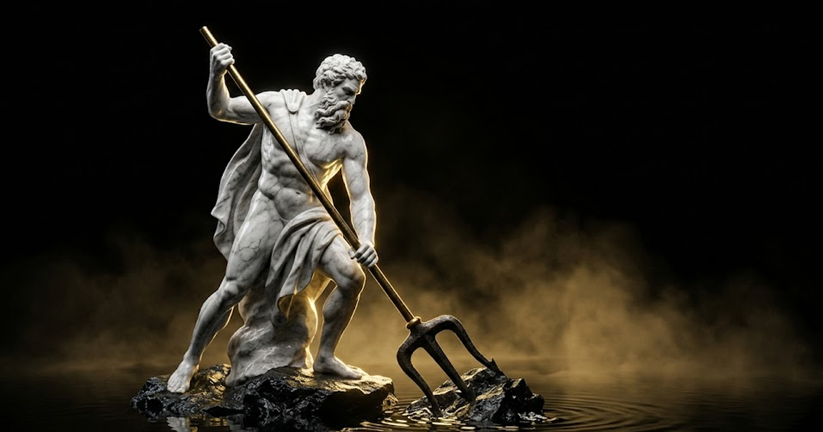 Poseidon driving a trident into bedrock beneath dark water, marble and bronze, gold light from the depths, wide cinematic frame