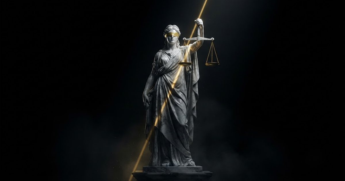 A towering marble statue of the blindfolded goddess Themis holding balanced scales, lit by a single beam of gold light against a black void.