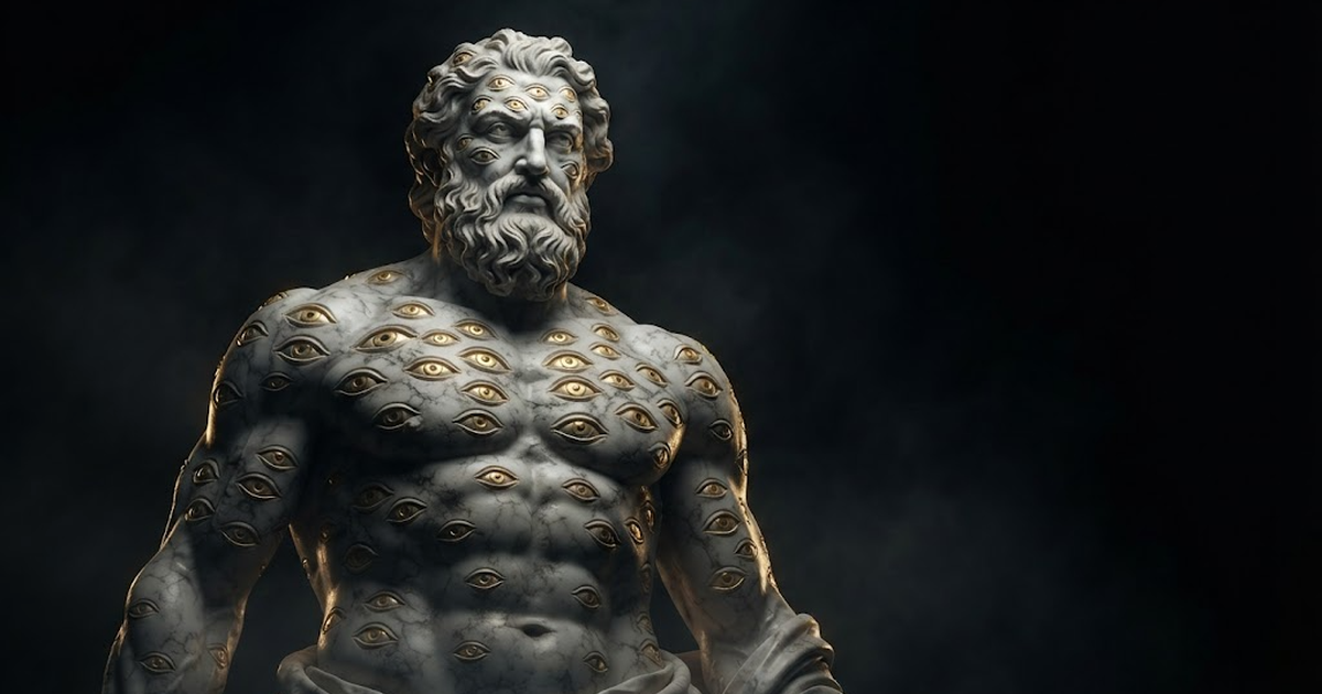 A giant marble figure of Argus Panoptes covered in many watchful eyes, emerging from darkness under a thin gold light.