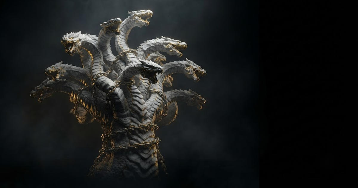 A vast marble statue of the many-headed Hydra coiling upward from darkness, each severed neck sealed in gold light.