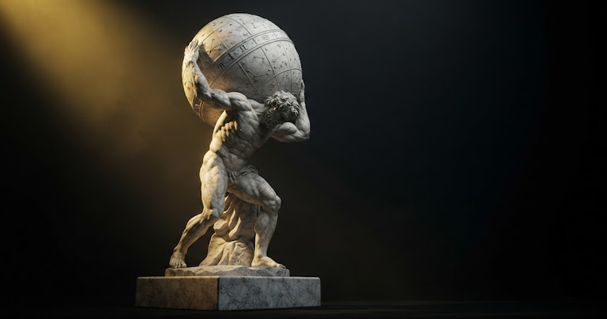 A giant marble figure of Atlas straining to hold a great sphere on his shoulders, lit by gold light against a black void.
