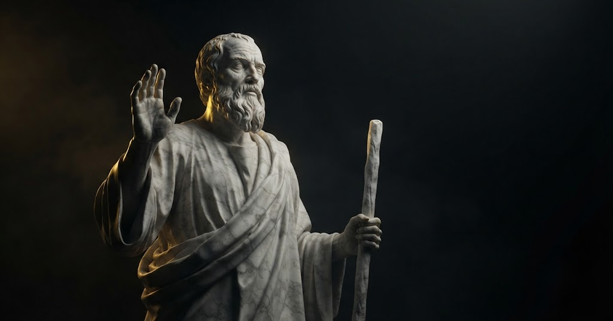 Tiresias standing blind and utterly still, one hand raised to halt the speaker before him while his sightless face turns to catch the shape of an answer he cannot see, staff planted in a void of pure black, satin...