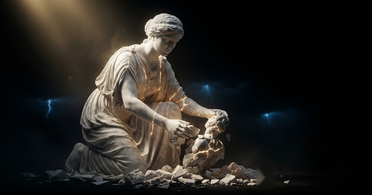 Mnemosyne kneeling to gather scattered broken fragments of carved stone and press them back into one whole figure rising beneath her hands, in a void of pure black, satin gold light seeping into every seam she...