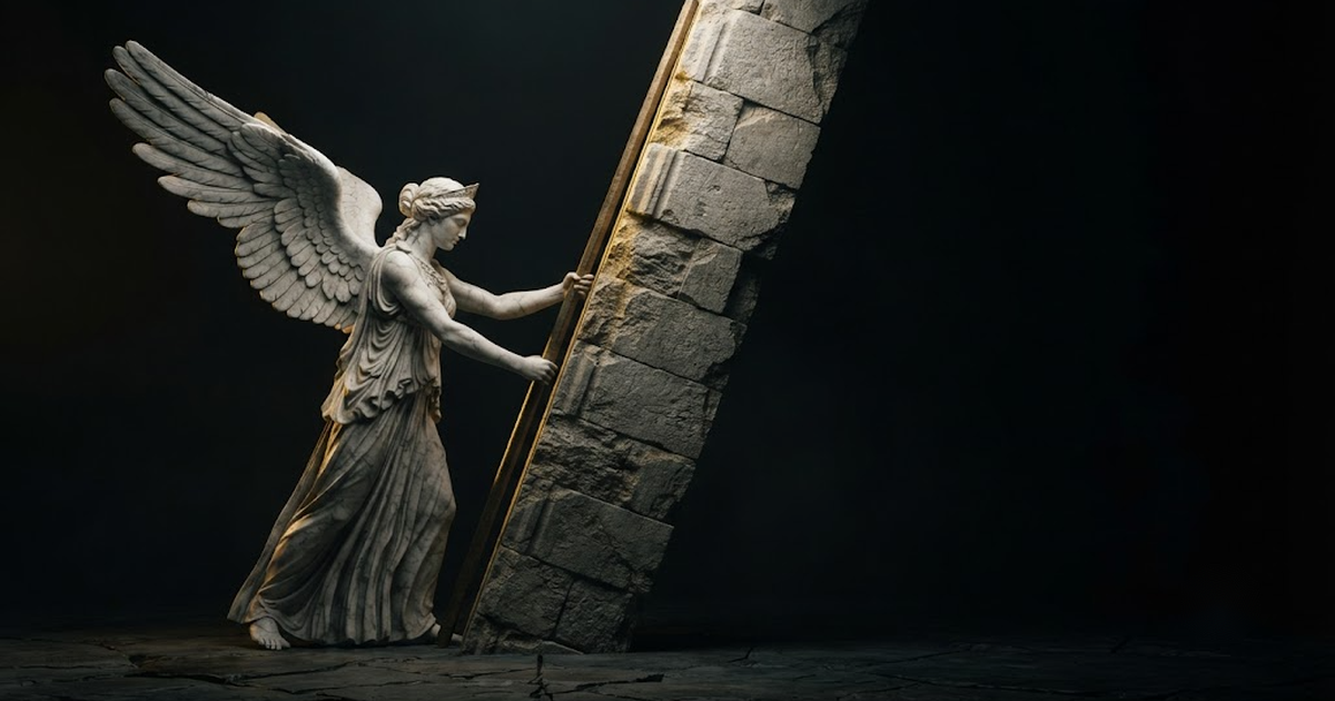 Nemesis pressing a long measuring rod hard against a vast leaning wall of carved stone and finding it out of true, one wing half raised behind her, in a void of pure black, satin gold light raking the tilted face of...