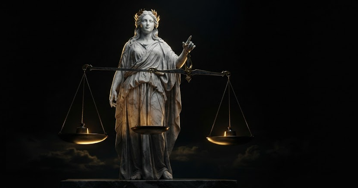 Astraea holding a great pair of scales perfectly level with two fingers, her whole weight relaxed, the balance kept by touch rather than force, in a void of pure black, satin gold light pooling in each motionless...