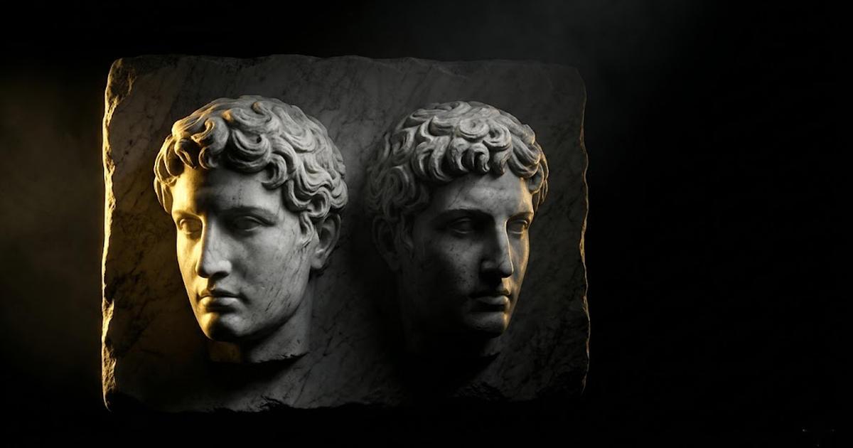 Two almost identical marble faces lit by gold rim light against black, one subtly altered from the other.