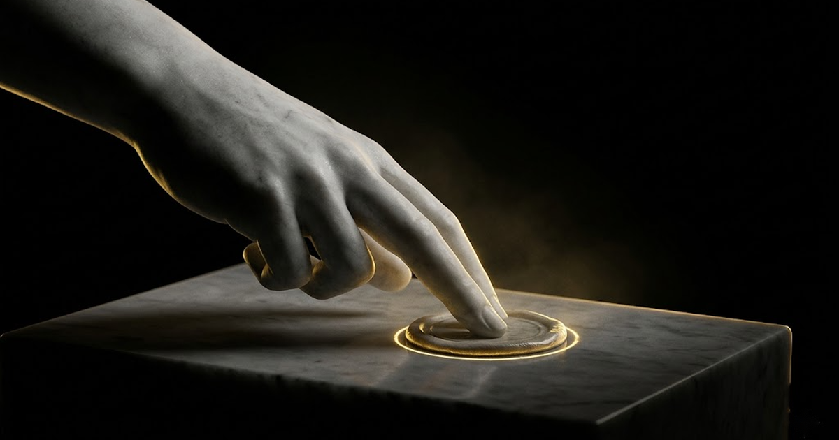 A marble hand pressing a seal onto a tablet, lit by a thin line of gold against deep black.