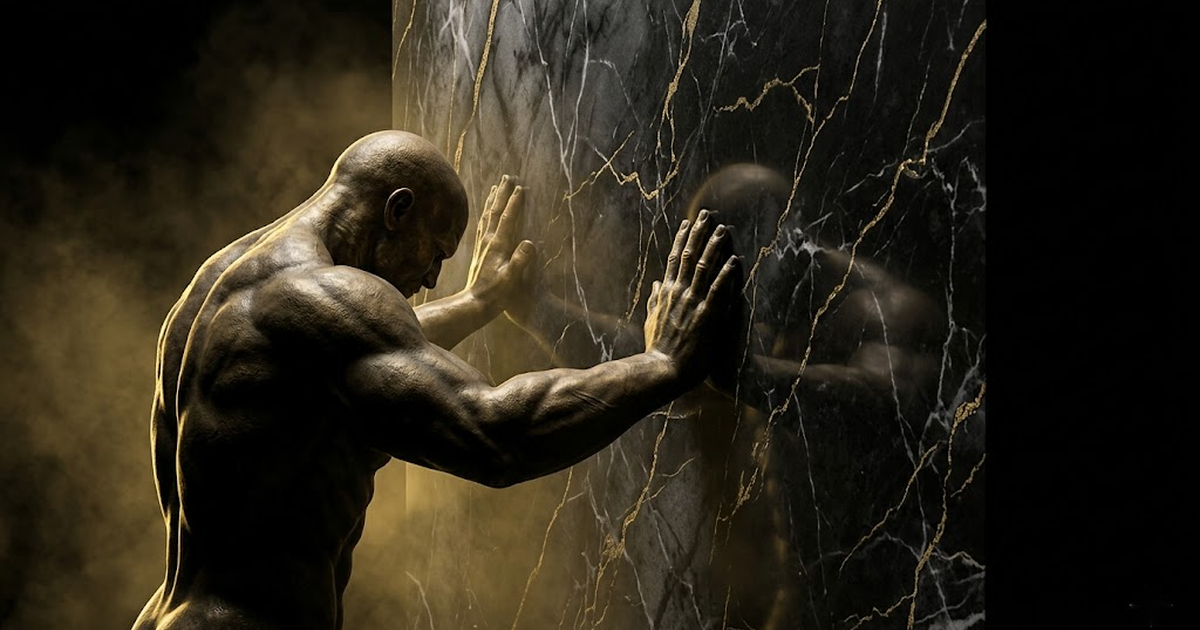 A titan pressing both hands against a wall of black marble veined with gold, unable to pass through, rim lit against deep void.