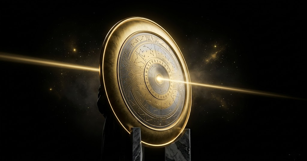 An open aegis shield of beaten gold held against a starfield, its inner face engraved with circuitry, light passing cleanly through it.