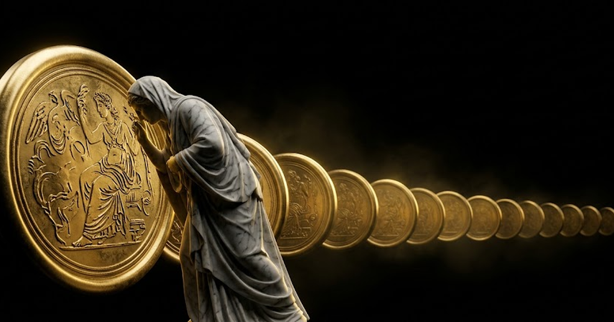 A long chain of golden seals receding into cosmic darkness, each link an engraved disc of light, an oracle figure reading them in the foreground.