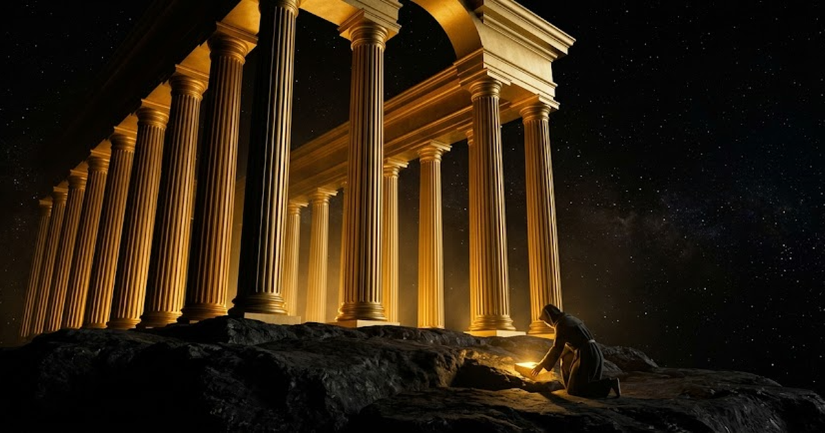 A pantheon of gold-lit columns standing firm on bedrock at the edge of a starfield, a single figure laying a golden foundation stone in the foreground.