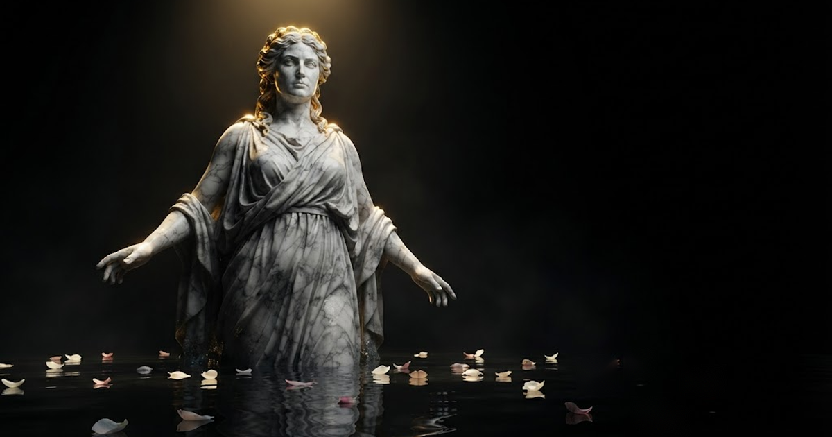 A colossal marble figure of Circe standing over a pool of light, one hand raised, surrounded by soft petals of gold, lit against a black void.