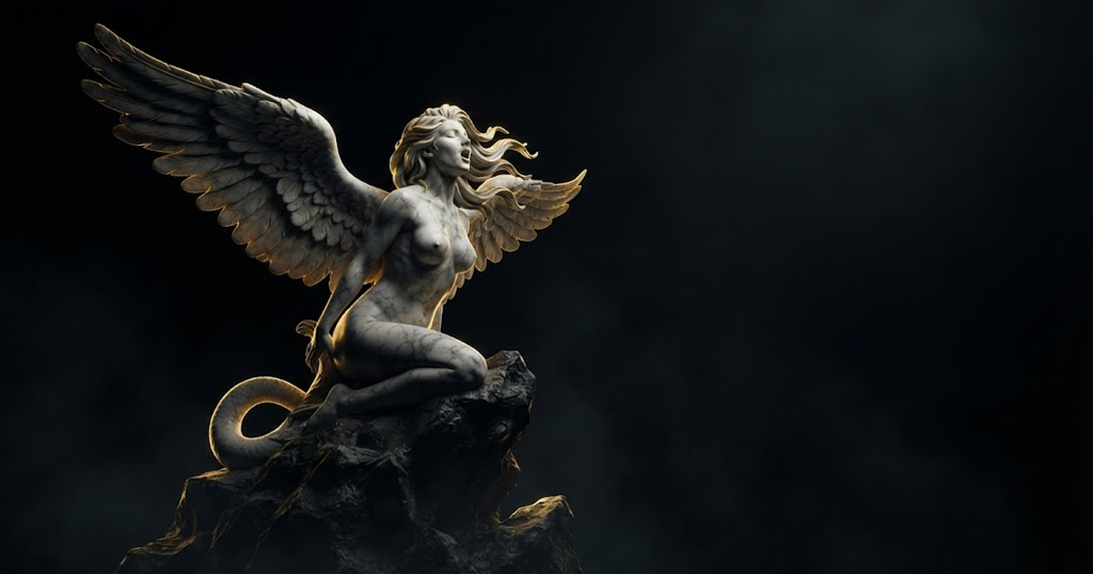 A towering marble Siren perched on a rock, wings half open, mouth parted in song, half lit by gold light against deep black.