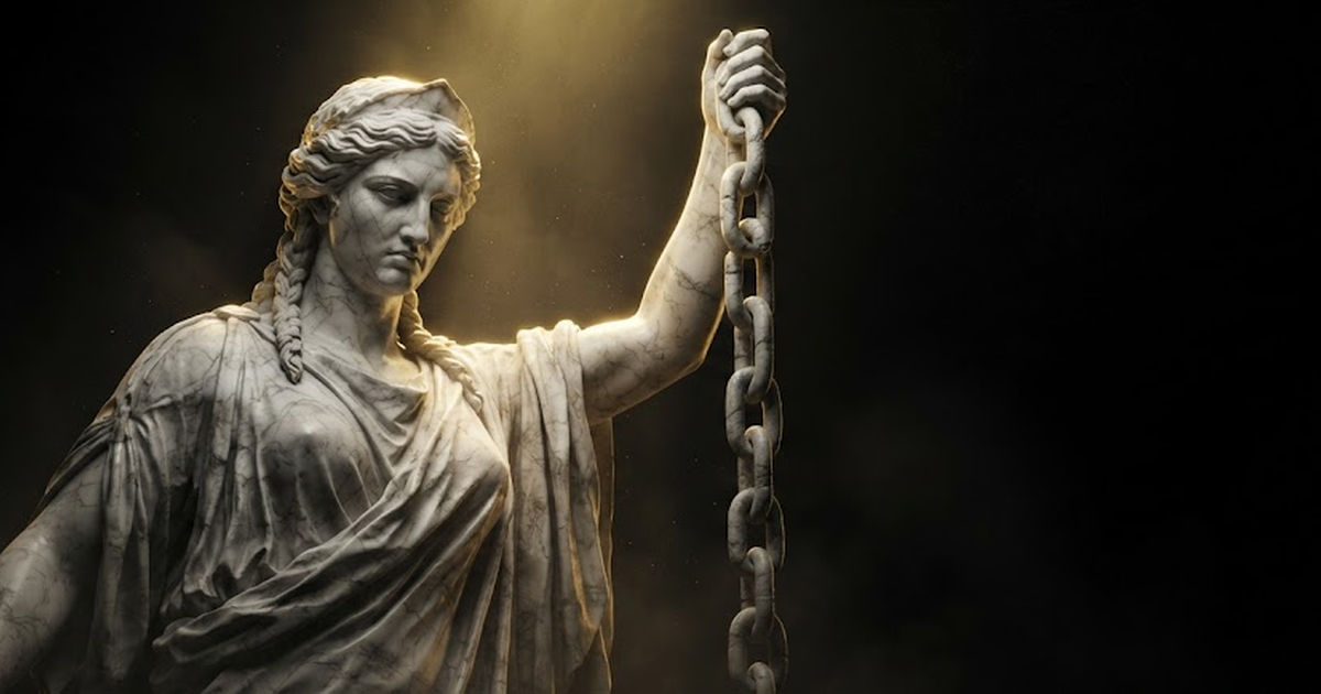 A monumental marble Mnemosyne holding an unbroken chain of carved links, gazing down with solemn authority, lit by a single gold beam against black.