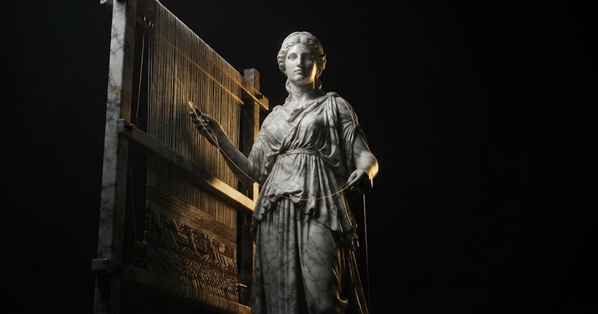 A vast marble Penelope standing at a great loom, weaving with steady composure, illuminated by warm gold light against a black void.