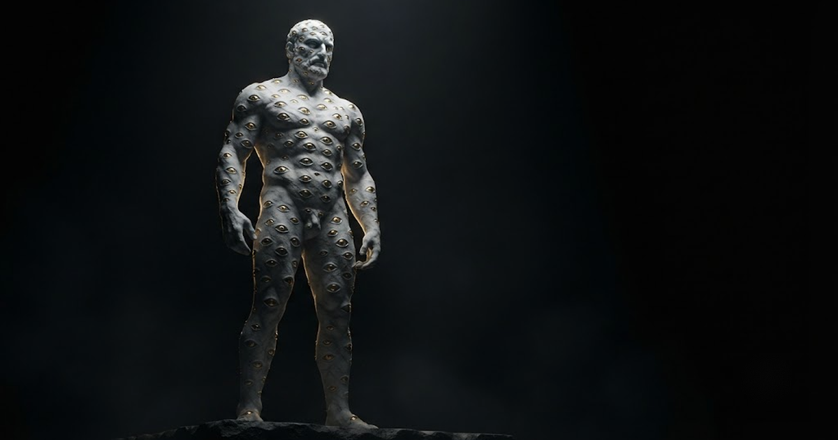 A colossal marble giant covered in a hundred watchful eyes standing sentinel, lit by points of gold light against a black void.