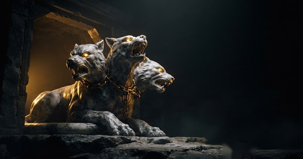 A colossal three-headed marble hound coiled at the entrance to an inner chamber, lit by gold light against black.